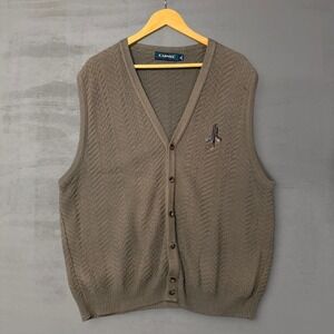 Vintage Carmel Golf Cardigan Vest Brown Textured Knit Embroidered XL
